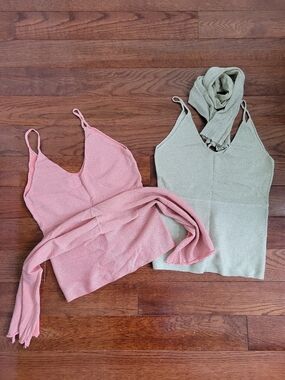 BUNDLE - Sparkle Knit Camisole Tank Tops with Scarf - Pink and Silver